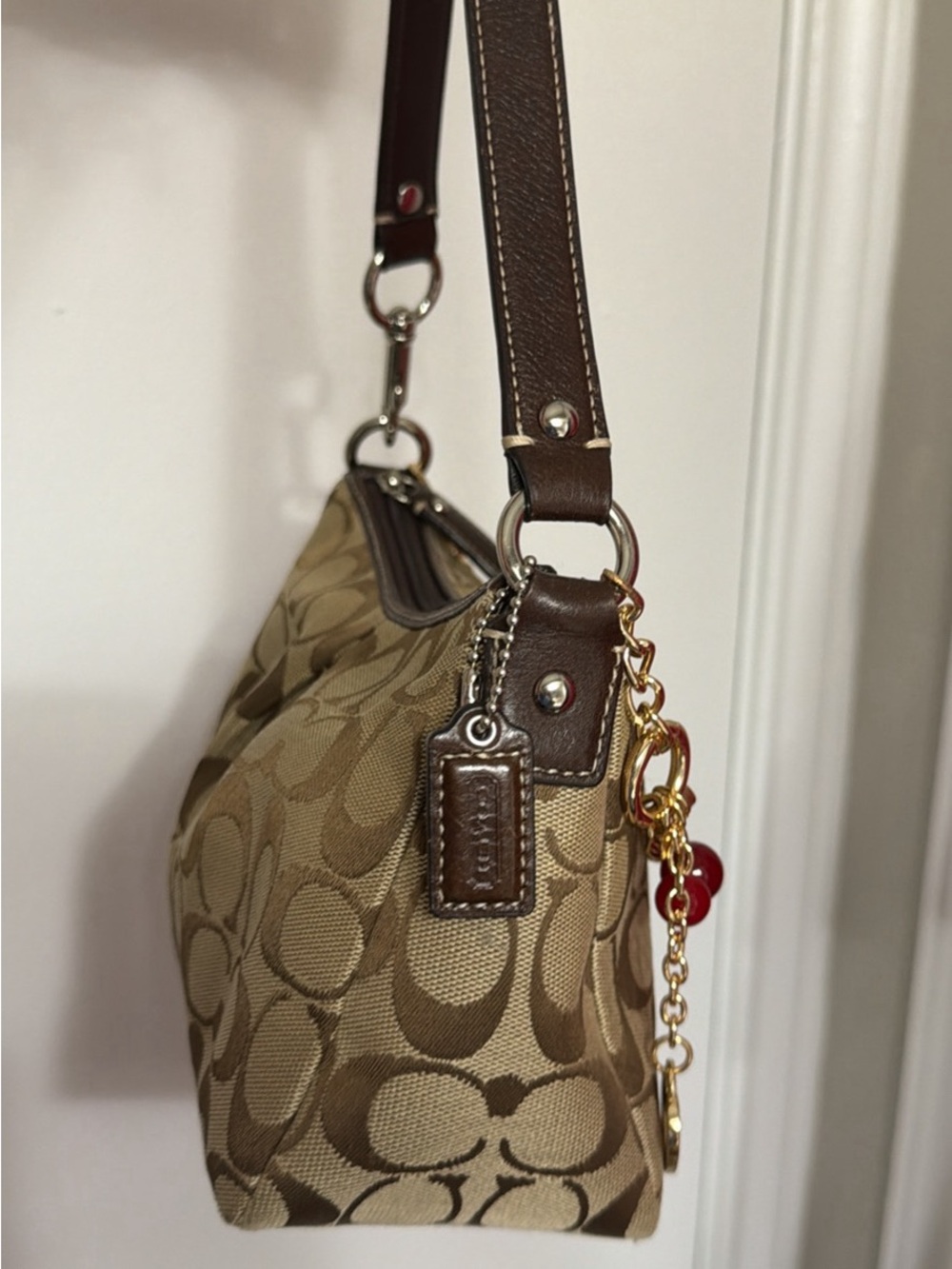 Coach Tan Signature Canvas Shoulder Bag with Red Cherry Charm - Picture 4 of 7